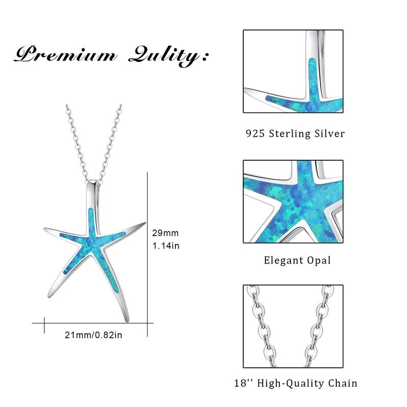Cuoka Starfish Necklace, 925 Sterling Silver with Blue Opal, Hawaiian Beach Nautical Ocean Pendant, Starfish Jewelry Opal Jewelry for Women Girlfriend - Image 4